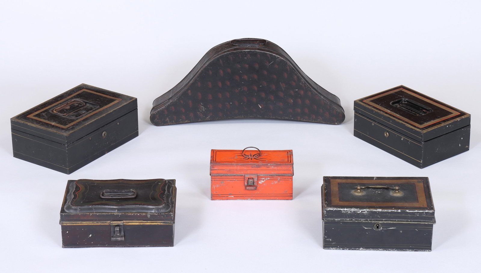 Group of (6) Painted Tole Boxes: Group of (6) Painted Tole Boxes to include: "Napoleon hat"-form case; small, orange-painted document box; and (4) document boxes, three with locks, (one including key). Provenance: Property 