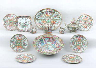 Set of (13) Chinese Rose Medallion Porcelain Table Articles