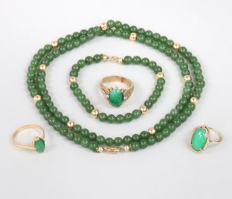 Group of (5) Jade and Gold Jewelry