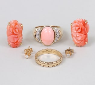 Group of (4) Coral and Diamond 14k Gold Jewelry