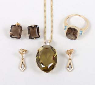 Group of (4) 14k Gold Jewelry with Semi-Precious Stones and Diamonds