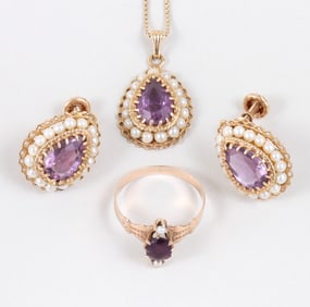 Group of (3) Gold Jewelry with Amethyst and Seed Pearls