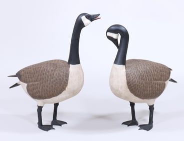 Pair of Life-Size Folk Art Carved and Painted Canada Geese