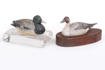 A. Elmer Crowell (American 1852-1951), Drake Broadbill on glass paperweight base. With Pintail Drake