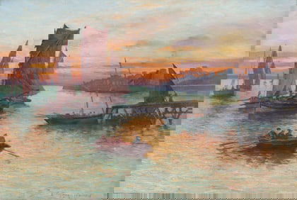 Louis Etienne Timmermans (Belgian/French 1846-1910), Ships Coming into Harbor at Sunset, 1908, oil