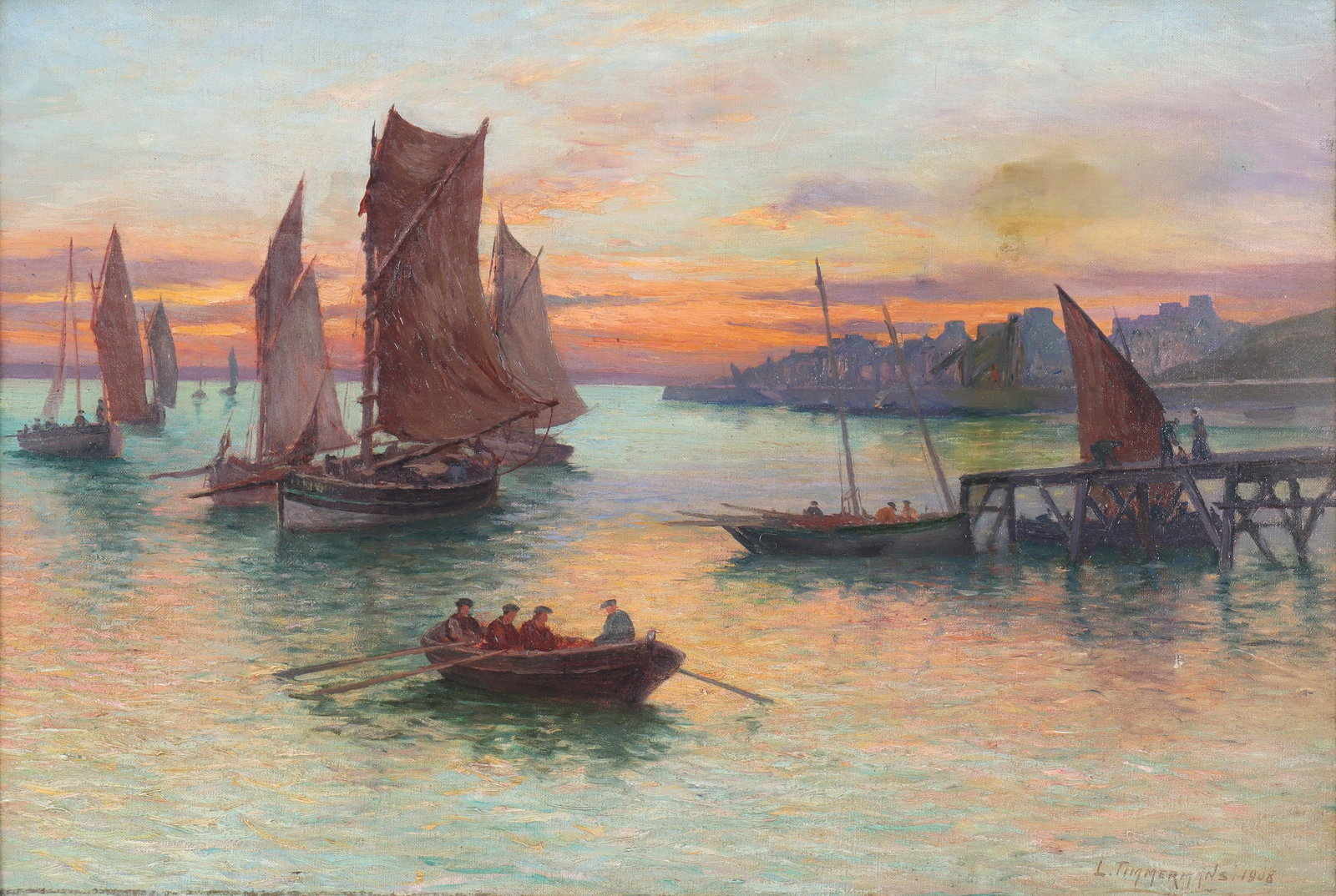 Louis Etienne Timmermans (Belgian/French 1846-1910), Ships Coming into Harbor at Sunset, 1908, oil: Louis Etienne Timmermans Belgian/French, 1846-1910 Ships Coming into Harbor at Sunset, 1908 oil on canvas signed and dated lower right. 15 1/4 x 21 3/4 in. (38.7 x 55.2 cm.); frame 24 1/2 x 31 1/4 x 3