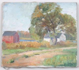 Julia M. Wickham (American, Long Island, 1866-1952), Landscape with Tree and Buildings, oil on