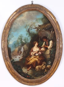 After Francois Boucher (French 1703-1770), Amorous Couple after "La Cage", 18thC, oil on oval canvas