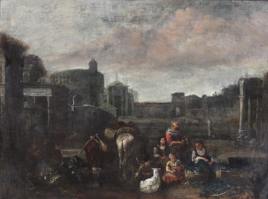 Manner or Follower of Hendrik Mommers (Dutch 1623-1693), Figures Resting in Roman Forum Ruins, oil