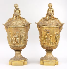 Pair of Louis XIV Style Gilt Bronze Covered Urns