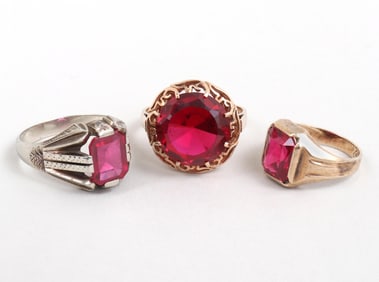 Group of (3) Ruby and Gold Rings