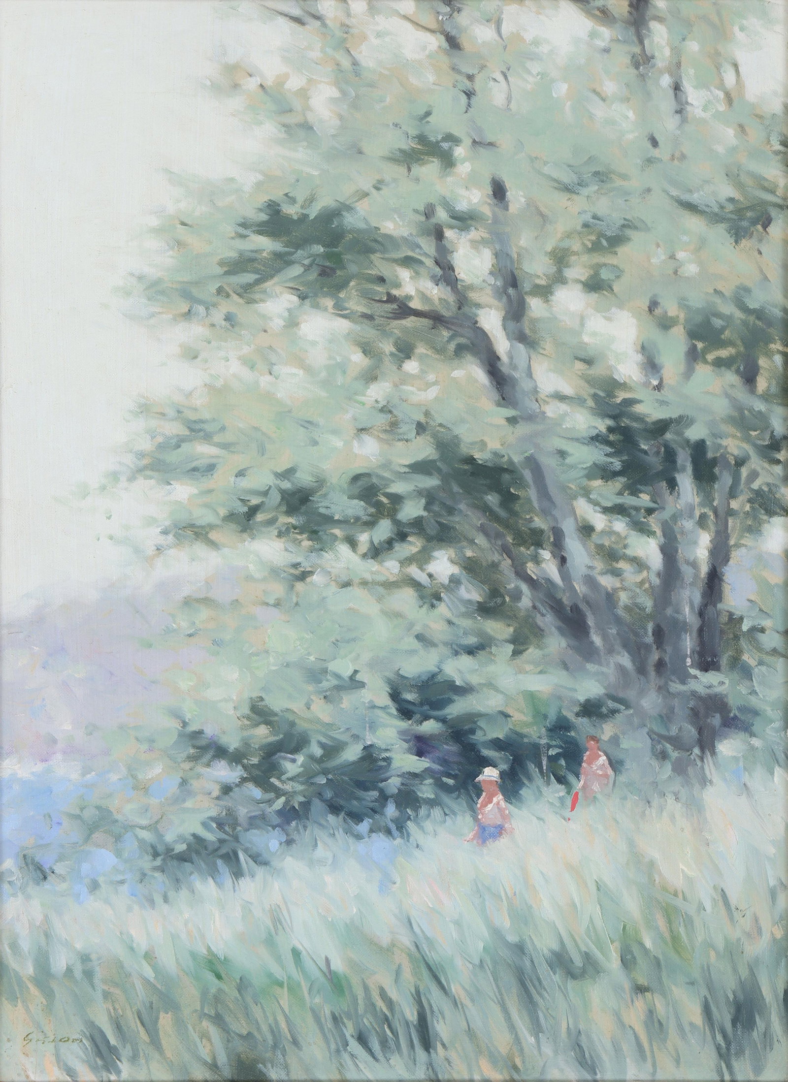 Andre Gisson (French/American 1921-2003), Figures in a Landscape, oil on canvas: Andre GissonFrench/American, 1921-2003Figures in a Landscapeoil on canvassigned lower left.Canvas 16 x 12 in. (40.6 x 30.5 cm.); frame 23 1/2 x 19 3/4 in. (59.7 x 50.2 cm.)