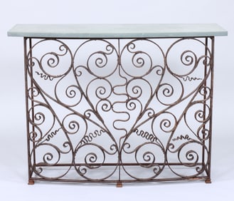 Bowfront Wrought Iron Scrollwork Console Table