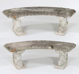 Pair of Curved Cast Stone Benches with Dolphin-Form Supports