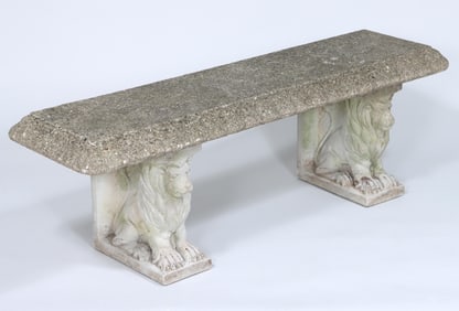 Cast Stone Bench with Seated Lion Supports