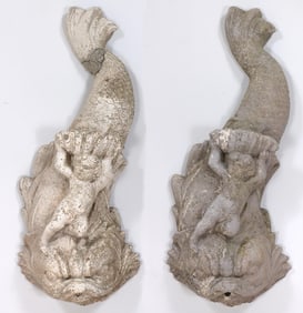Pair of Cast Stone Dolphin and Putti Wall Fountain Heads