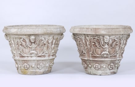 Pair of Large Cast Stone Planters with Relief Decoration