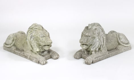 Pair of Cast Stone Recumbent Lions