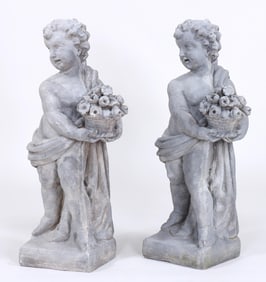 Pair of Faux Cast Stone Putti with Flower Baskets