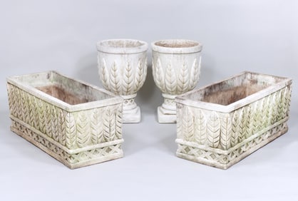 Set of (4) Cast Stone Planters with Leaf Motif