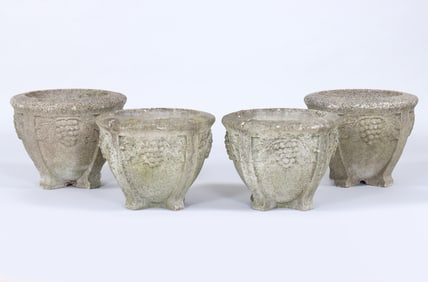 Set of (4) Small Cast Stone Planters with Grape Vine Relief