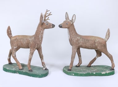 Pair of Polychrome-Painted Cast Stone Deer