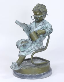 Bronze Garden Sculpture of Seated Boy Reading Newspaper