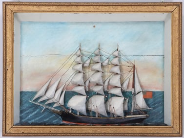 19th Century American Folk Art Ship Diorama of a Fully-Rigged Barque