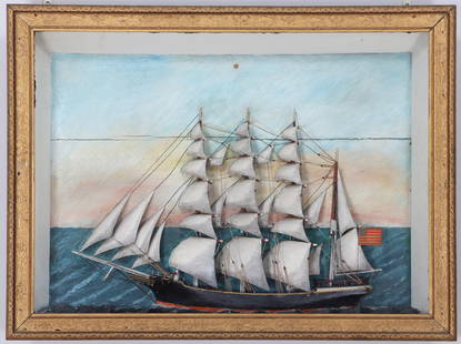 19th Century American Folk Art Ship Diorama of a Fully-Rigged Barque: 19th Century American Folk Art Ship Diorama of a Fully-Rigged Barquepainted wood with string rigging, unsigned. Behind glass.19 x 25 1/4 x 3 3/4 in. (48.3 x 64.1 x 9.5 cm.)
