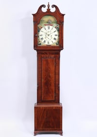19th Century Scottish Flame Mahogany Tallcase Automaton Clock, Lucas Brown, Glasgow, probably late