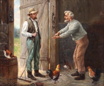 19th Century School, Genre Scene: Farmers in a Barn with Chickens, oil on canvas