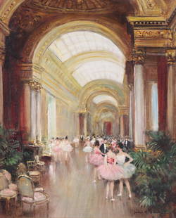 Jules René Hervé (French 1887-1981), Ballerinas at the Grand Galerie, Louvre, oil on canvas: Jules René HervéFrench, 1887-1981Ballerinas at the Grand Galerie, Louvreoil on canvassigned "Jules R. Herve" lower right and on canvas verso.Canvas 28 1/2 x 24 in. (72.4 x 61 cm.); frame 3