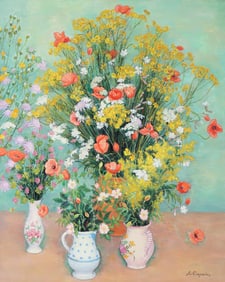 André Vignoles (French 1920-2017), Fleurs au Fond Vert Pale, oil on canvas