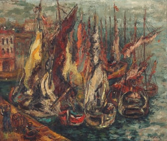 Issachar Ber Ryback (Ukrainian 1897-1935), Harbor Scene, oil on canvas