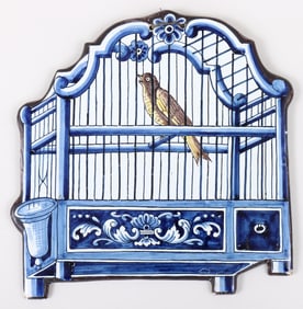 Dutch Delft Polychrome "Caged Bird" Plaque, Royal Tichelaar Makkum, late 19th/early 20th century