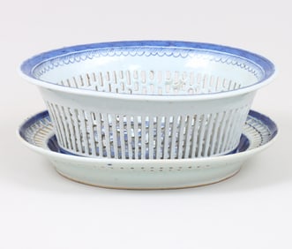 Canton Blue and White Porcelain Chestnut Basket with Underplate