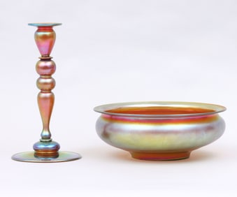 Group of (2) Steuben Aurene Glass Table Articles