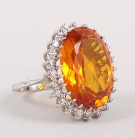 Topaz or Orange Sapphire and Diamond Halo 14k White Gold Ring