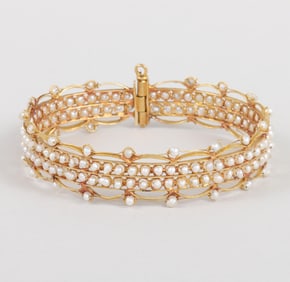 18k Gold Wirework Bangle with Seed Pearls