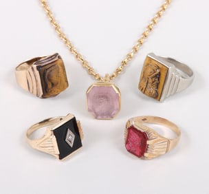 Group of (5) Signet and Cameo Jewelry