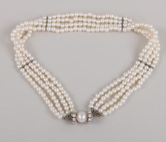 Four-Strand Pearl Choker with Diamond and 10k White Gold Clasp