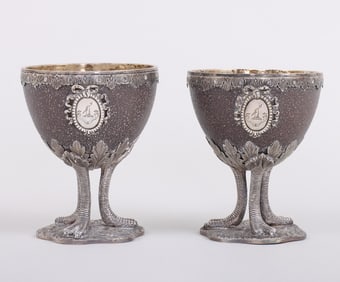 Pair of Victorian Sterling Silver-Mounted Ostrich Egg Goblets in Fitted Wood Case, George Gilliam,