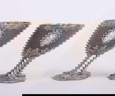 Pair of Victorian Sterling Silver-Mounted Ostrich Egg Goblets in Fitted Wood Case, George Gilliam,: Pair of Victorian Sterling Silver-Mounted Ostrich Egg Goblets in Fitted Wood CaseGeorge Gilliam, London, 1900each having half of an ostrich egg in a three-piece sterling silver mount, comprising inser