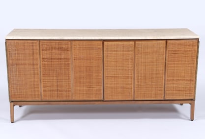 Paul McCobb (American 1917-1969) for Calvin, Credenza, circa 1960s, travertine, walnut and cane