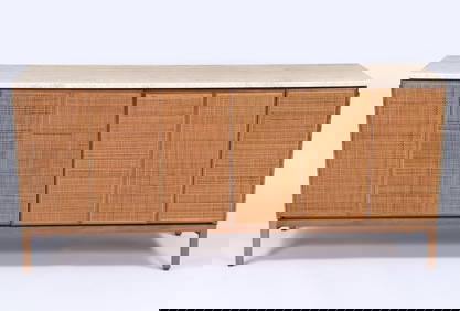 Paul McCobb (American 1917-1969) for Calvin, Credenza, circa 1960s, travertine, walnut and cane (1 of 10)