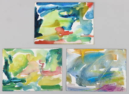 Mary Abbott, (American 1921-2019), Group of (3) Untitled (Abstract), watercolors: Mary AbbottAmerican, 1921-2019Group of (3) Untitled (Abstract)watercolorsone with pastel, on Fabriano postcard watercolor paper, pencil signed "A" on recto, and "Mary Abbott" on ve