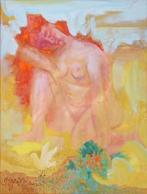 Byron Browne (American 1907-1961), "Nude with Bird", 1959, oil on canvas