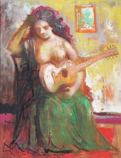 Byron Browne (American 1907-1961), "Nude with Guitar", 1959, oil on canvas: Byron BrowneAmerican, 1907-1961"Nude with Guitar", 1959oil on canvassigned and dated lower left recto, signed, dated, titled and inscribed on canvas verso.Canvas 18 x 14 in. (45.7 x 35.6 cm.
