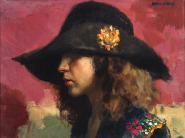 Daniel E. Greene (American b. 1934), Portrait of a Lady in Hat, oil on canvas