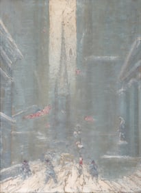 Johann Berthelsen (American 1883-1972), Trinity Church from Wall Street, oil on canvasboard